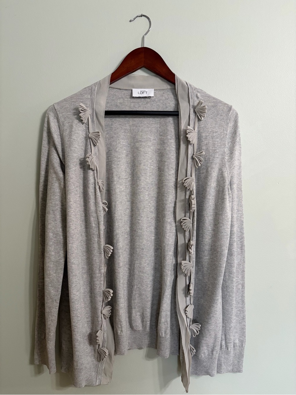 LOFT Light Gray Open Cardigan with Floral Trim